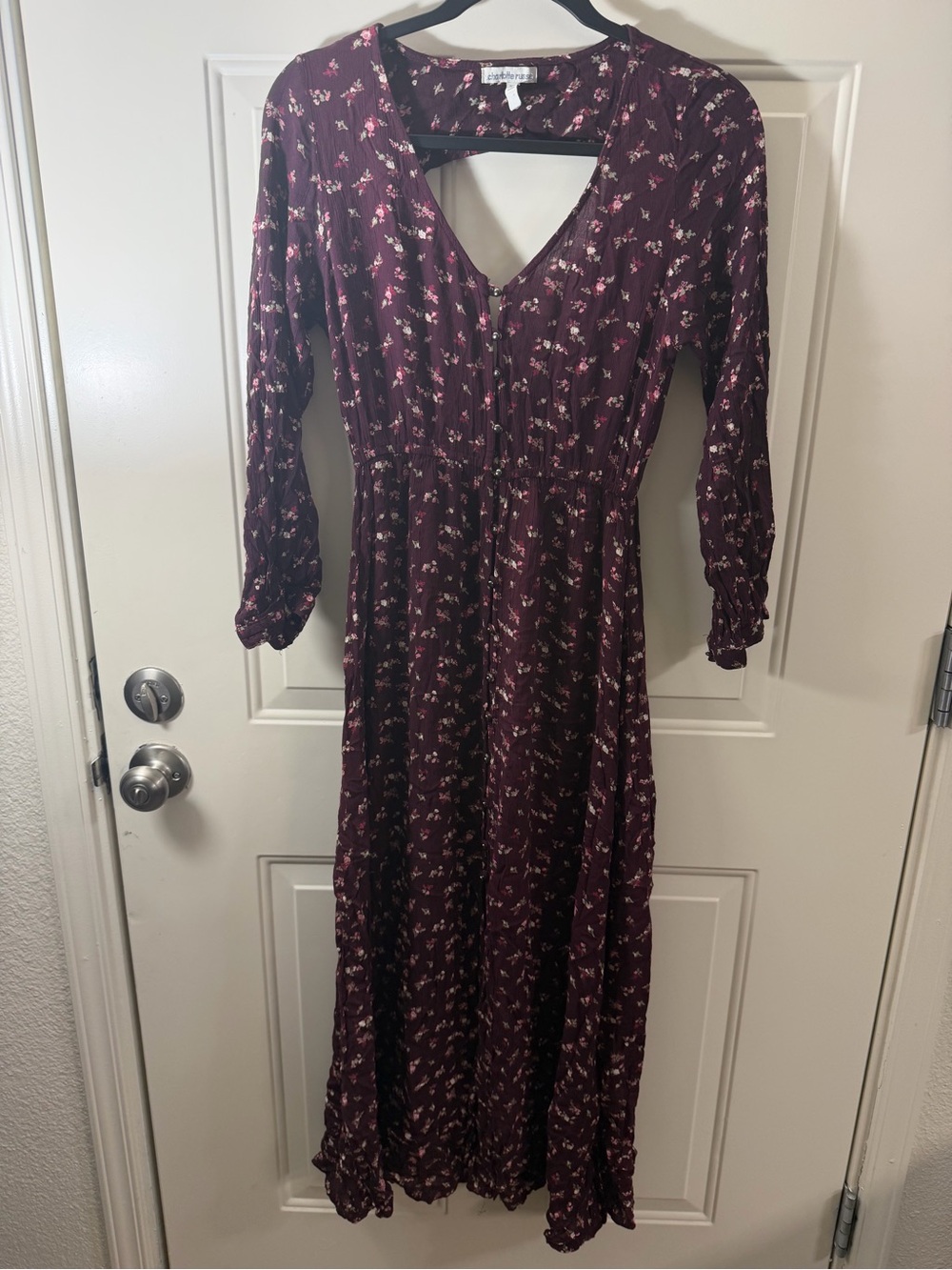 Burgundy Floral Cottagecore Prairie Maxi Dress Boho Fall XS 0191